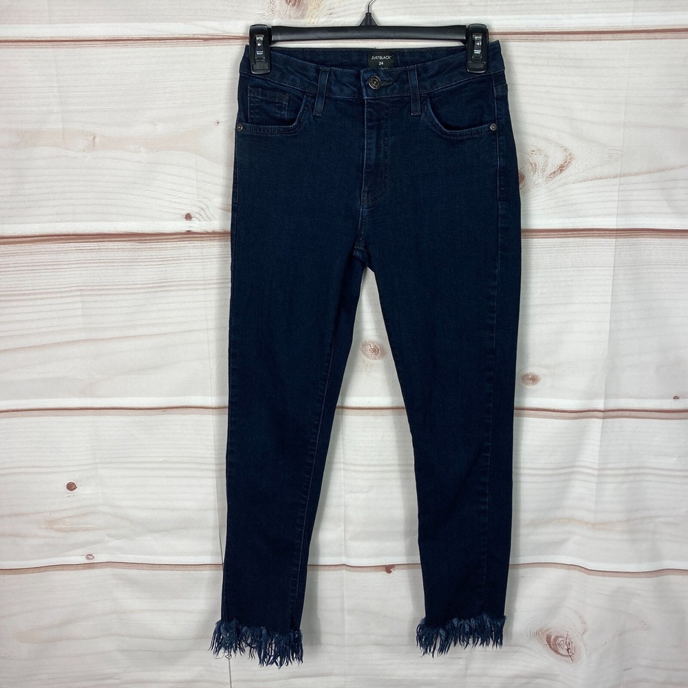 JUST BLACK Jeans Womens 24 Blue Dark Wash Skinny Mid Rise Fringe Hem Denim